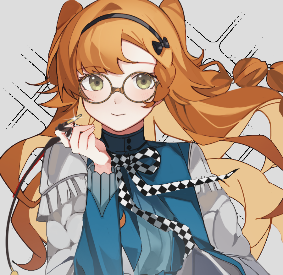1girl, black_bow, black_hairband, blue_dress, bow, capelet, checkered_ribbon, closed_mouth