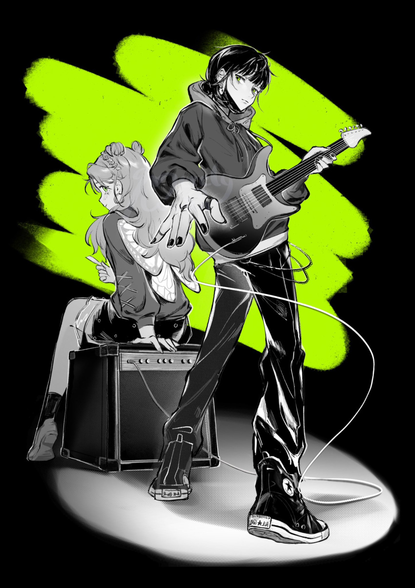 2girls, amplifier, androgynous, artist_name, audio_cable, back_turned, black_background, blunt_bangs