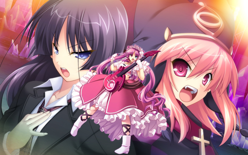 bicolored_eyes, blue_eyes, boots, chu_chu_idol, chu_x_chu, chua_churam, cross, fangs, game_cg, guitar, hand_on_chest, heterochromia, instrument, jacket, long_hair, midriff, mole, necktie, open_mouth, ozawa_akifumi, ruuchu_astram, takamachi_yukino, wavy_hair, white_boots