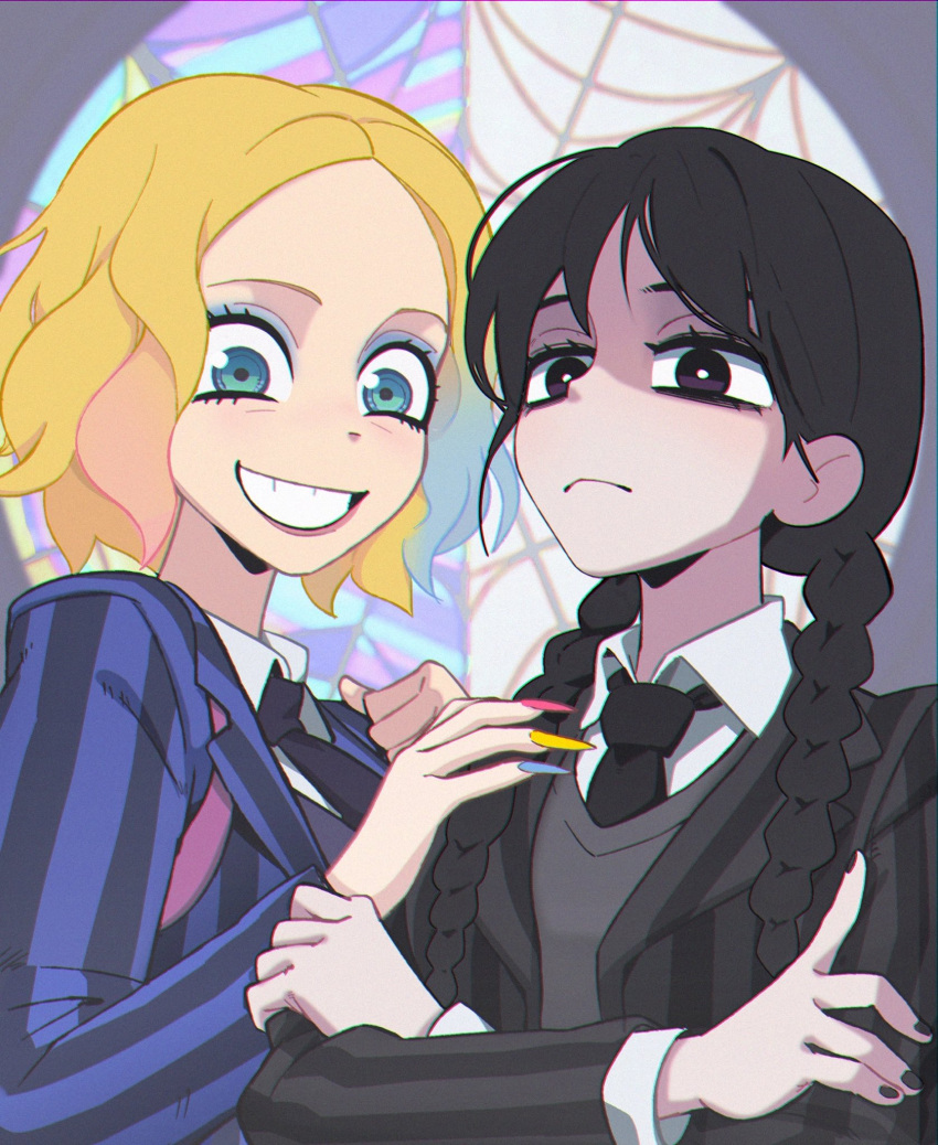 2girls, addams_family, aisendraw, black_eyes, black_hair, black_nails, black_necktie, blonde_hair