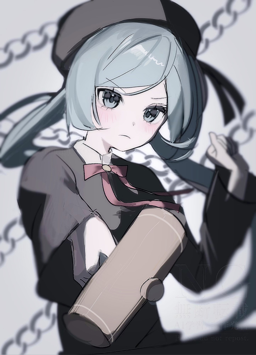 1girl, aiming, aiming_at_viewer, aqua_eyes, aqua_hair, black_hat, black_robe, chain