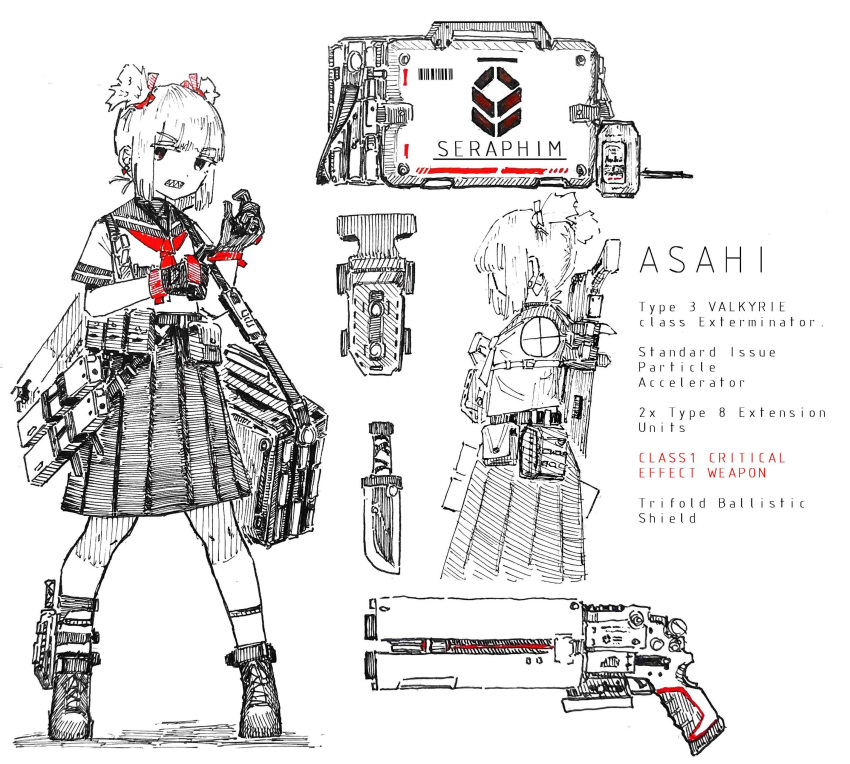 1girl, absurdres, asahi_(shiokaze1409), bag, character_name, dagger, gun, highres