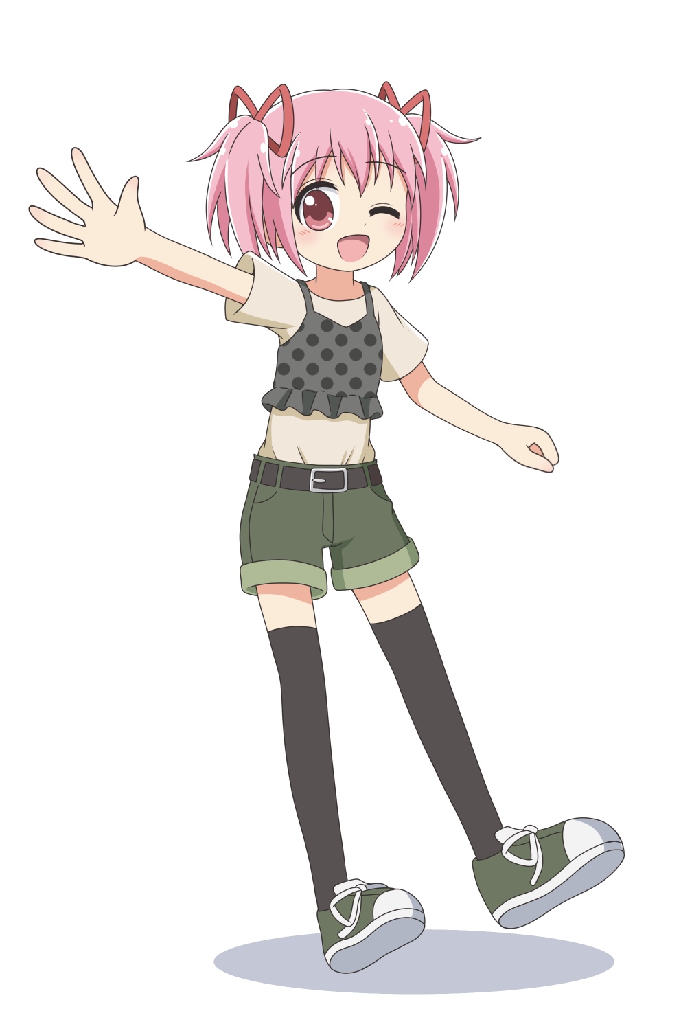 1girl, alternate_costume, arm_up, belt, belted_shorts, black_tank_top, black_thighhighs, blush