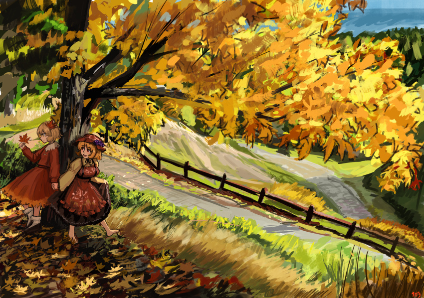 2girls, aki_minoriko, aki_shizuha, autumn, blonde_hair, danlamdae, grape_hat_ornament, hat