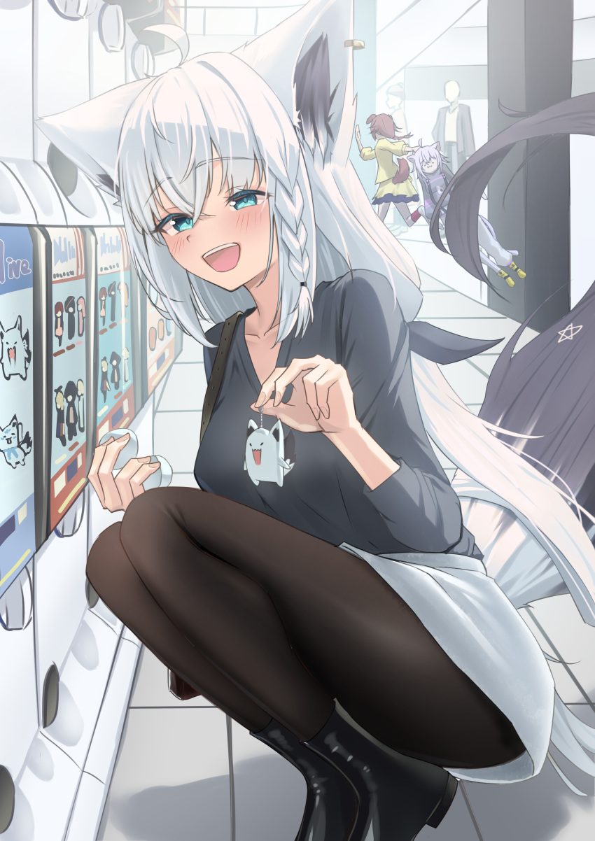 absurdres, ahoge, animal_ear_fluff, animal_ears, bag, black_pantyhose, black_shirt, blurry, blurry_background, blush, braid, commentary_request, earrings, fox_ears, fox_girl, fox_tail, green_eyes, hair_between_eyes, highres, holding, hololive, inugami_korone, inugami_korone_(1st_costume), jewelry, kirimoya, long_hair, looking_at_viewer, nekomata_okayu, nekomata_okayu_(1st_costume), open_mouth, outdoors, pantyhose, pentagram, shirakami_fubuki, shirt, shoulder_bag, sidelocks, single_braid, skirt, squatting, tail, virtual_youtuber, white_hair, white_skirt