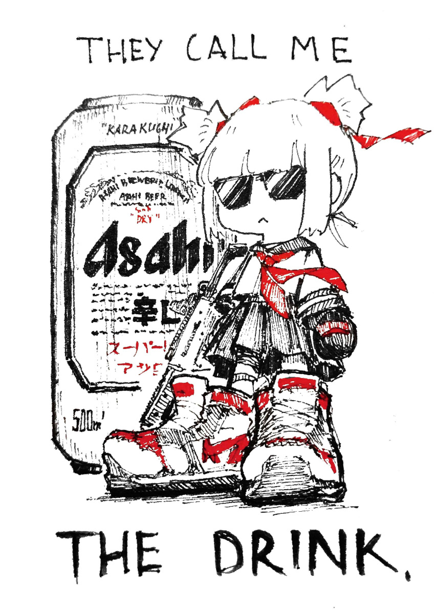 1girl, :<, absurdres, asahi_(shiokaze1409), beer_can, can, drink_can, gloves