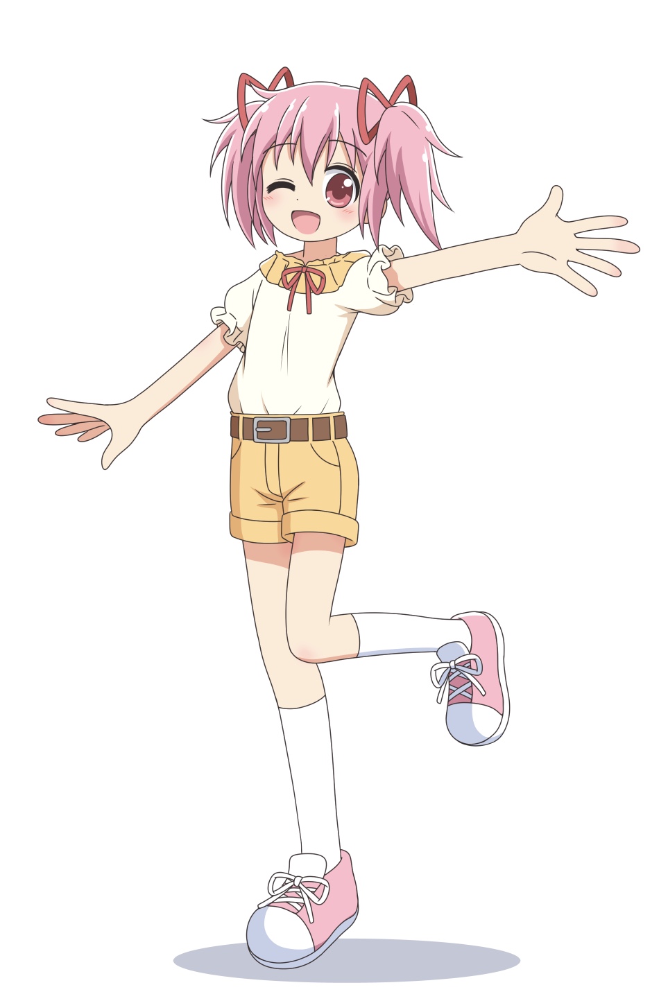 1girl, alternate_costume, arm_up, belt, belted_shorts, blush, brown_belt, casual