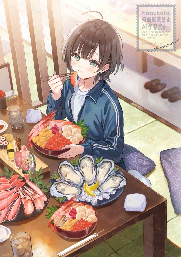 1girl, ahoge, blue_jacket, bowl, brown_hair, chopsticks, closed_mouth, commentary_request