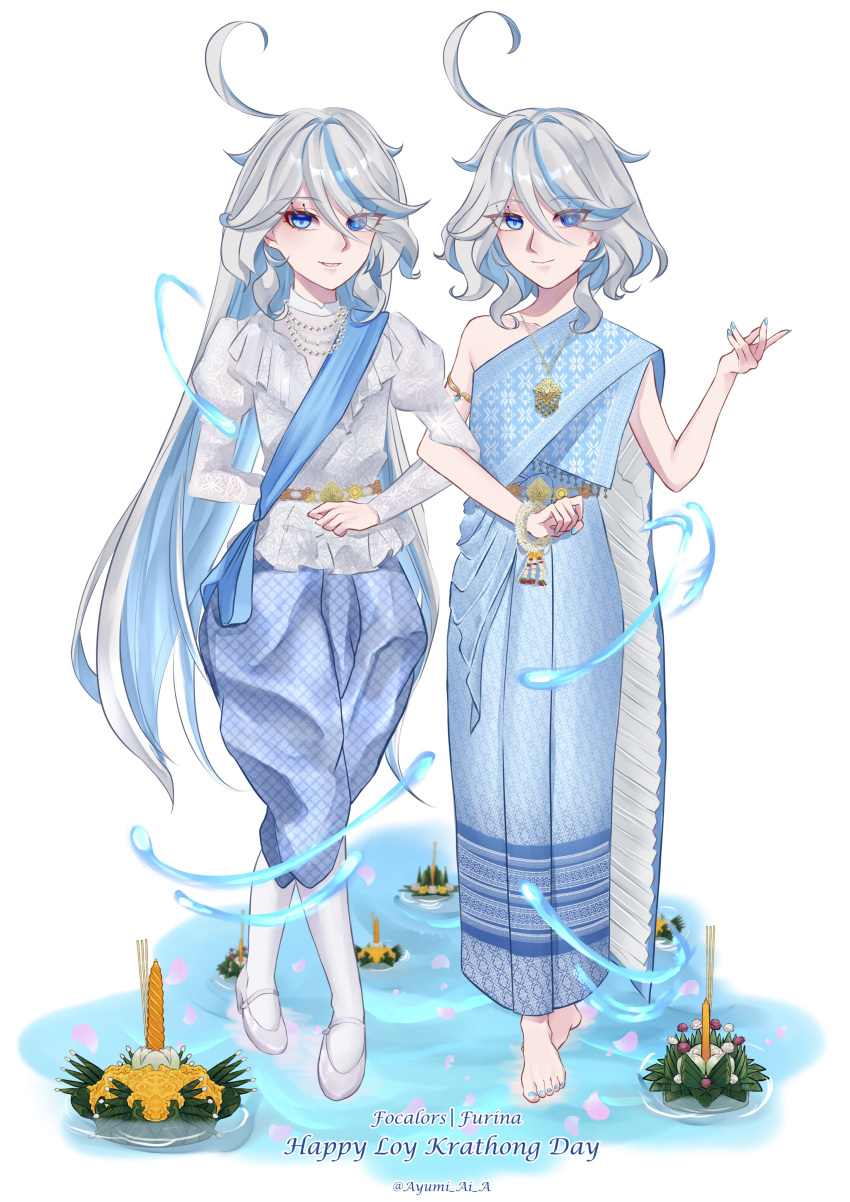 2girls, absurdres, alternate_costume, artist_name, ayumi_ai_a, barefoot, blue_cape, blue_eyes