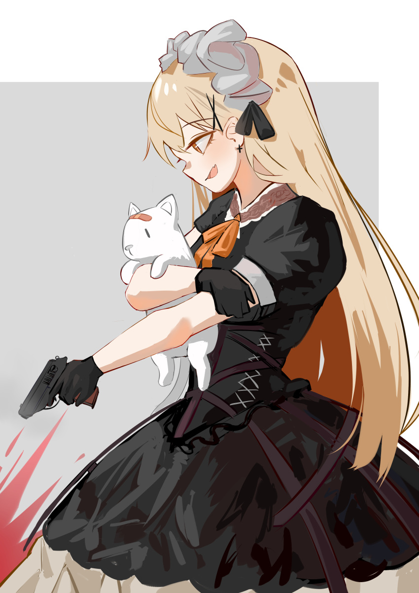 1girl, absurdres, animal, black_gloves, blonde_hair, blood, blood_splatter, cross