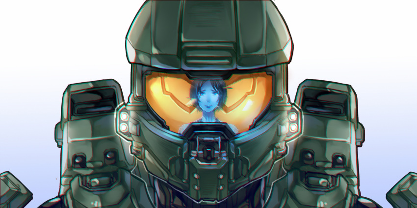 1boy, 1girl, animification, assault_visor, blue_eyes, blue_hair, blue_skin, chromatic_aberration