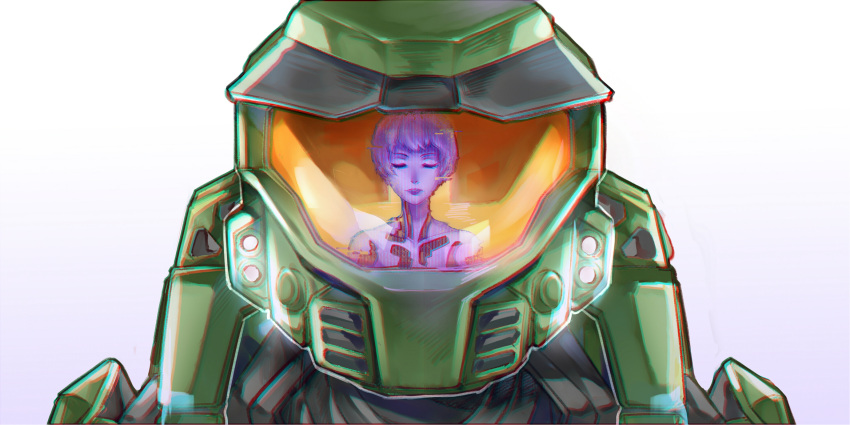 1boy, 1girl, animification, assault_visor, chromatic_aberration, closed_eyes, colored_skin, cortana