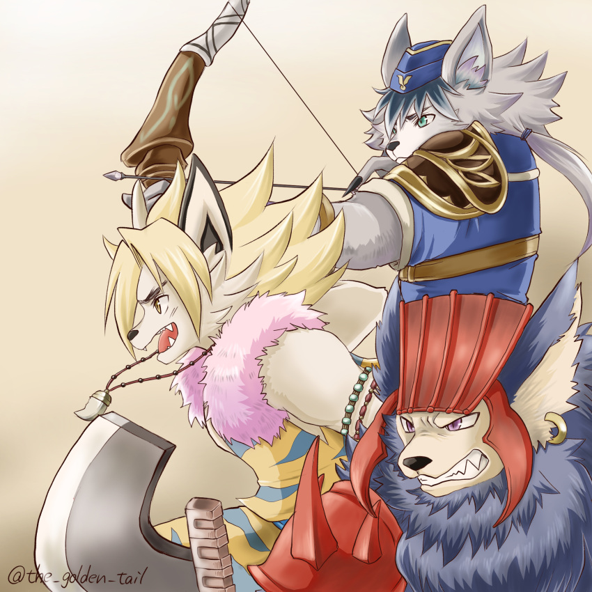 3boys, aiming, animal_ear_fluff, animal_ears, armlet, armor, arrow_(projectile), axe
