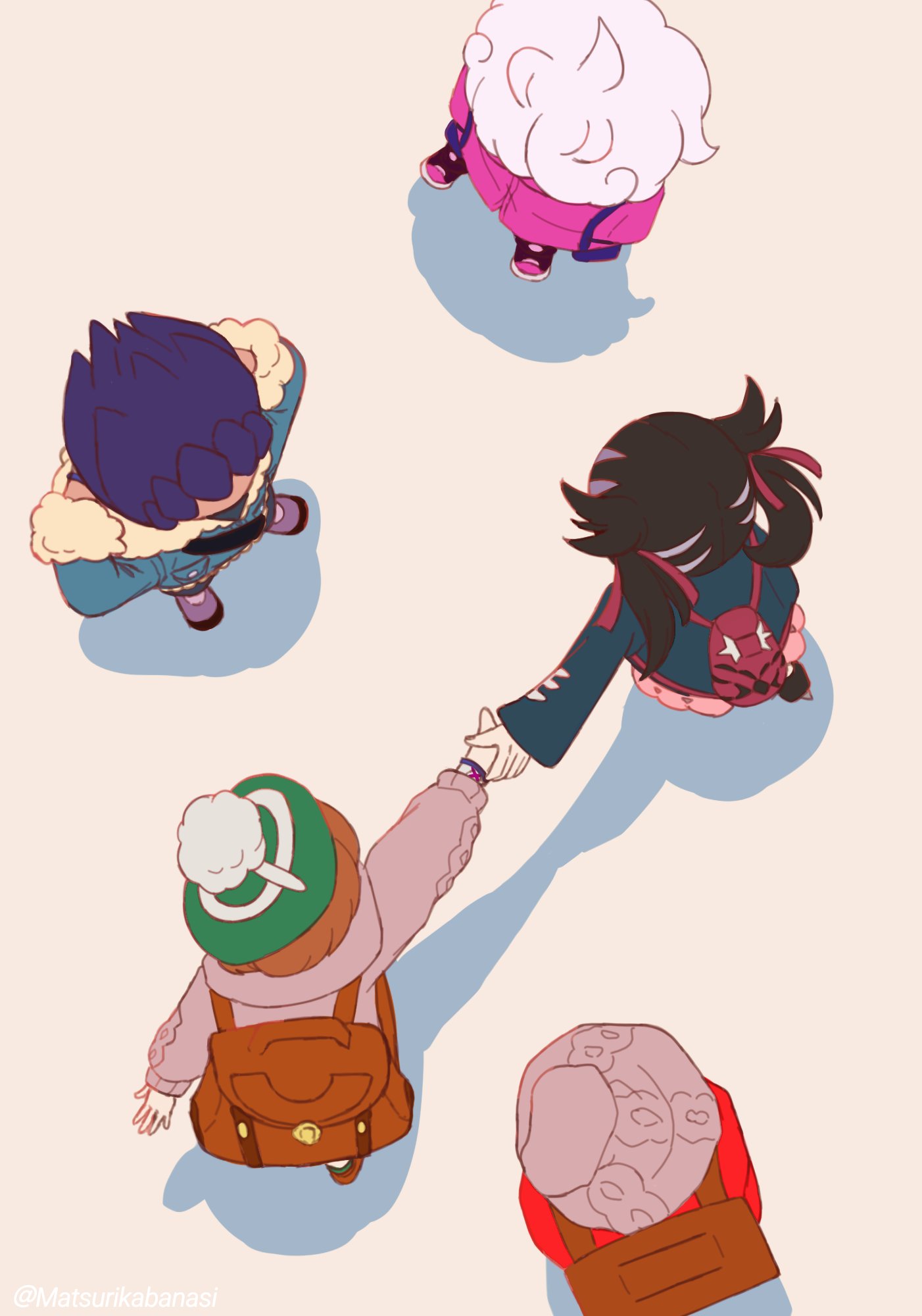 2girls, 3boys, backpack, bag, beanie, bede_(pokemon), black_hair, black_jacket, blue_coat, bracelet, brown_bag, brown_hair, coat, gloria_(pokemon), green_hat, grey_hat, grey_sweater, hat, highres, holding_hands, jacket, jewelry, marnie_(pokemon), matsurikabanasi, multiple_boys, multiple_girls, pink_jacket, pokemon, pokemon_swsh, purple_bag, purple_hair, shadow, standing, sweater, victor_(pokemon), violet_eyes, white_hair