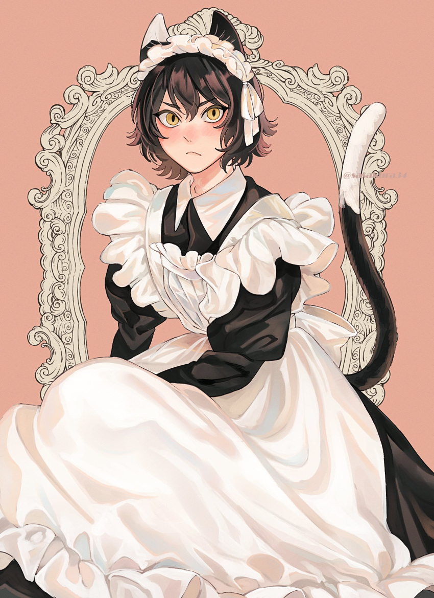 1girl, alternate_costume, animal_ears, apron, arm_at_side, artist_name, black_dress, black_hair, blush, brown_background, cat_ears, cat_girl, cat_tail, closed_mouth, collared_dress, commentary, dress, dungeon_meshi, embarrassed, enmaided, frilled_apron, frilled_hairband, frills, frown, hair_between_eyes, hairband, hand_on_lap, highres, izutsumi, juliet_sleeves, long_sleeves, looking_at_viewer, maid, maid_headdress, nose_blush, picture_frame, puffy_sleeves, sasakura34, short_hair, signature, sitting, slit_pupils, solo, tail, thick_eyebrows, twitter_username, v-shaped_eyebrows, wavy_hair, white_apron, white_hairband, yellow_eyes