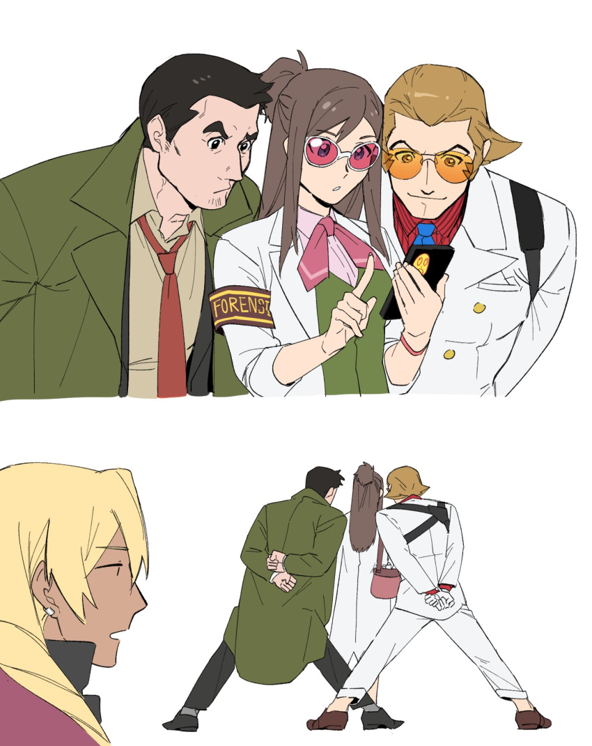 1girl, 2boys, ace_attorney, blonde_hair, bobby_fulbright, coat, damalinya, dick_gumshoe