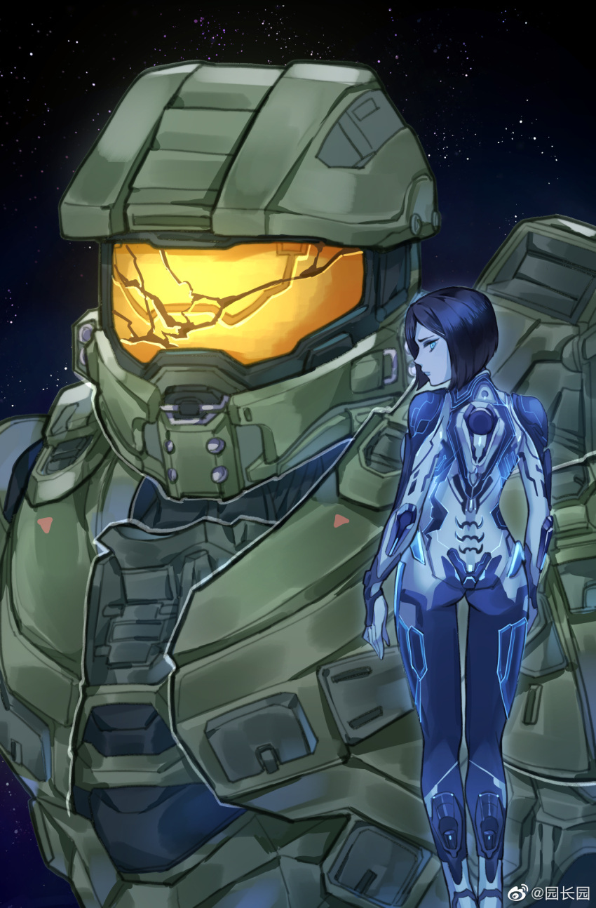 1boy, 1girl, armor, assault_visor, blue_eyes, blue_hair, blue_skin, chinese_commentary