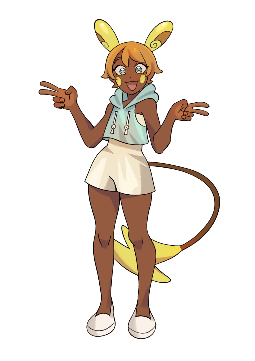 1girl, :3, absurdres, alolan_raichu, animal_ears, bare_shoulders, blue_eyes, blue_hoodie