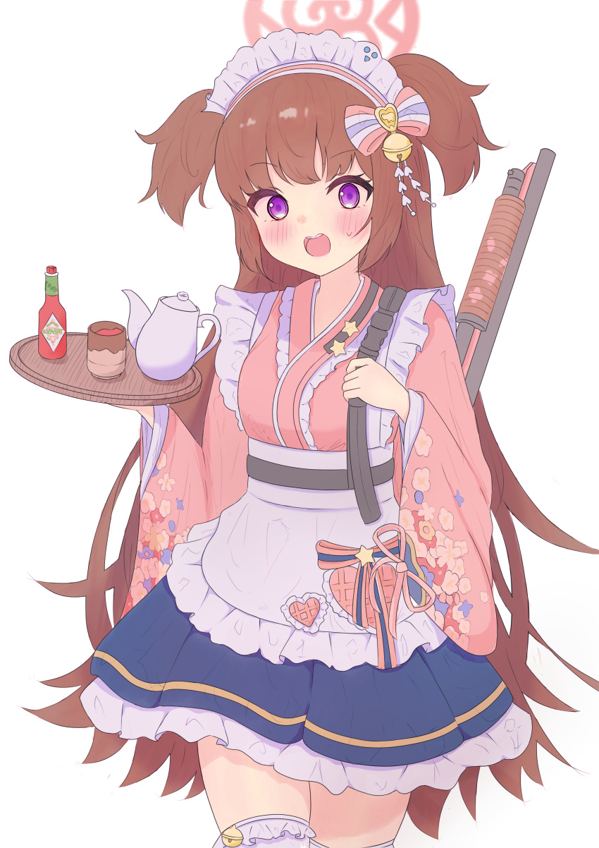 1girl, absurdres, apron, bell, blue_archive, blush, bow, brown_hair