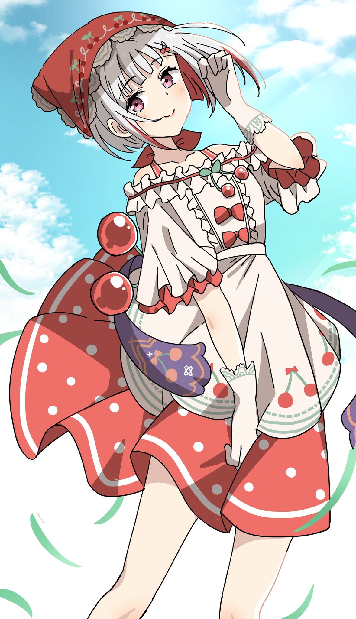 1girl, bien_(djpwjd1), blue_background, blue_sky, blush, bob_cut, bonnet, center_frills