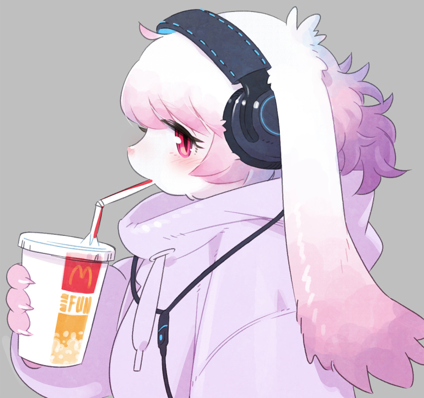 1girl, animal_ears, blush, claws, cup, disposable_cup, drawstring, drinking