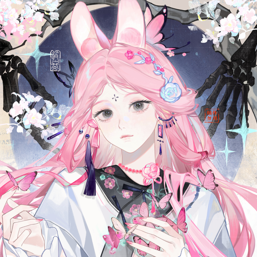 1girl, absurdres, animal_ears, black_eyes, branch, bug, butterfly, cherry_blossoms