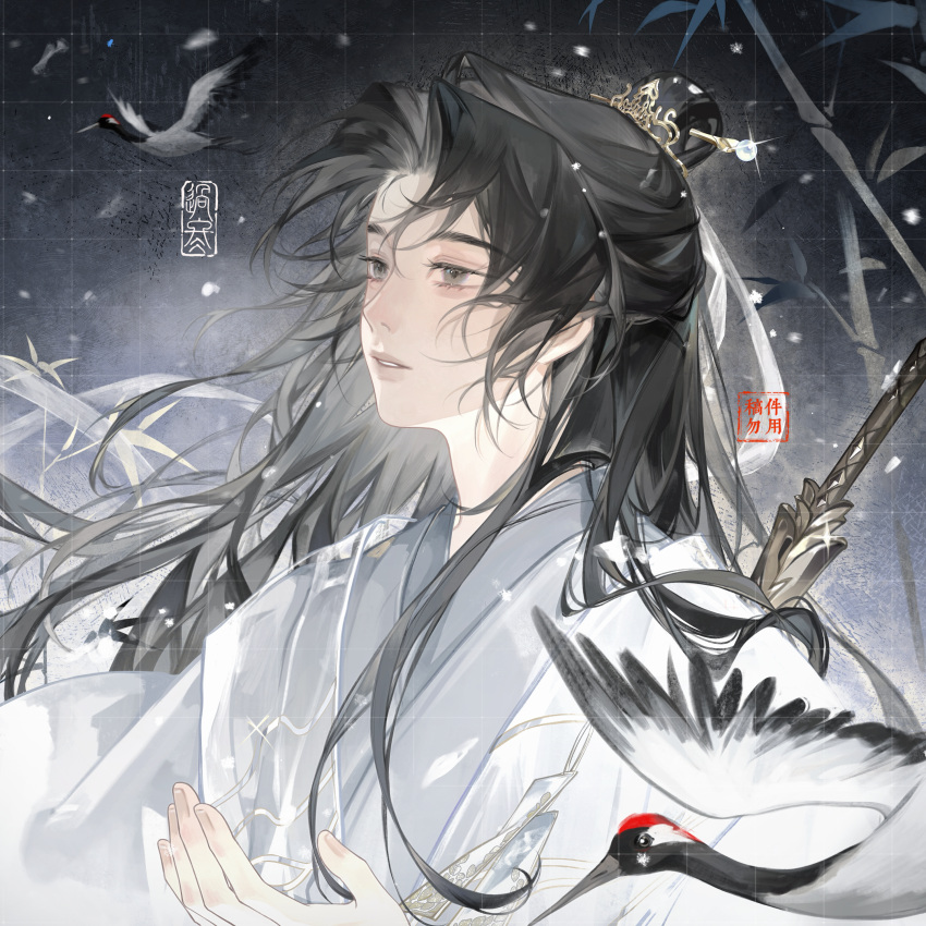 1boy, absurdres, bamboo, bird, black_eyes, black_hair, chinese_clothes, expressionless