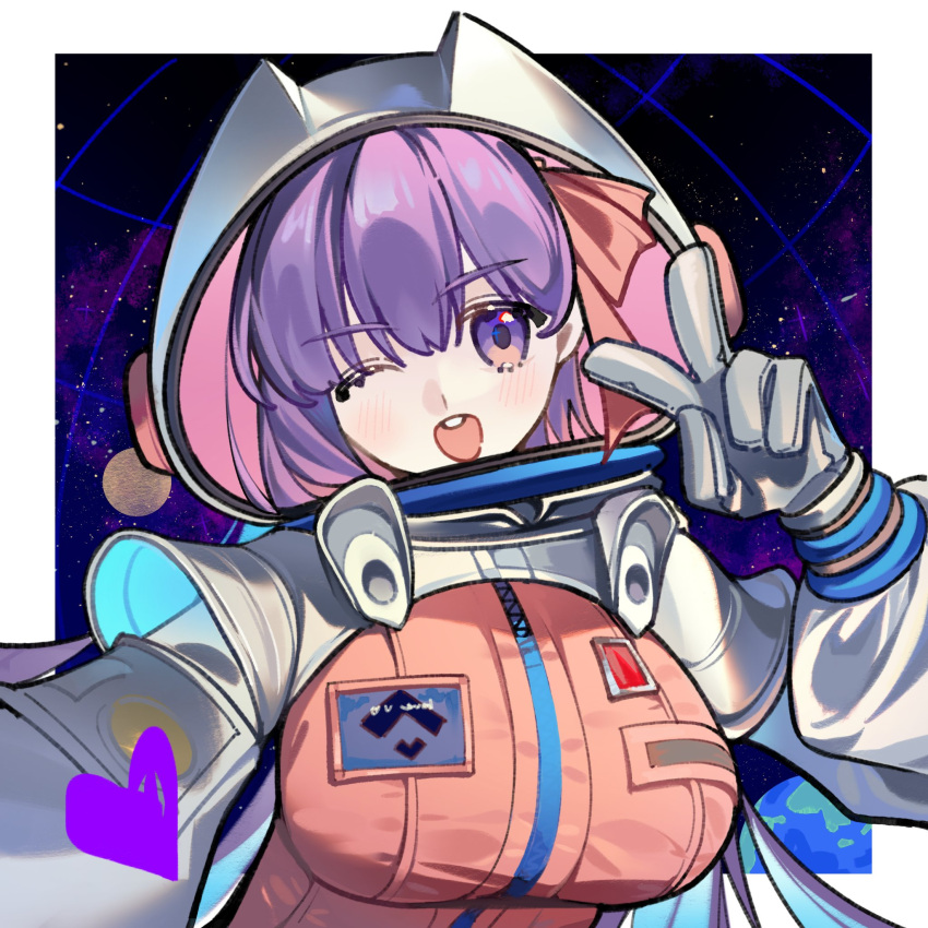 1girl, amiably_02, bb_(fate), bb_dubai_(fate), blush, breasts, cat_helmet, earth_(planet), fate/grand_order, fate_(series), hair_ribbon, highres, large_breasts, long_hair, looking_at_viewer, moon, one_eye_closed, open_mouth, planet, purple_hair, ribbon, solo, space, spacesuit, teeth, upper_teeth_only, v, violet_eyes