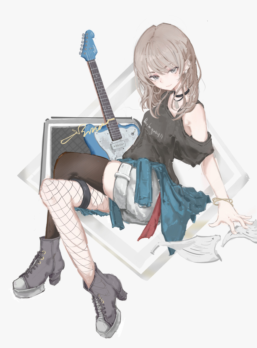 1girl, absurdres, amplifier, asymmetrical_legwear, black_choker, black_shirt, black_thighhighs, blue_jacket