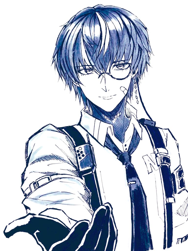 1boy, alternate_costume, bandaid, bandaid_on_cheek, bandaid_on_face, collared_shirt, gloves, greyscale