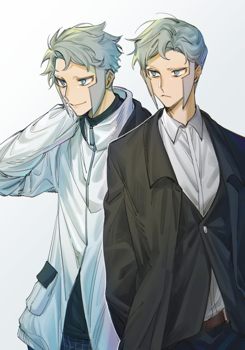 2boys, arm_behind_head, belt, black_jacket, black_pants, black_shirt, black_vest, collared_shirt, emiya_izumi, emmet_(pokemon), grey_eyes, grey_hair, hand_in_pocket, highres, ingo_(pokemon), jacket, multiple_boys, open_clothes, open_jacket, pants, pocket, pokemon, pokemon_bw, shirt, sideburns, smile, vest, white_background, white_jacket