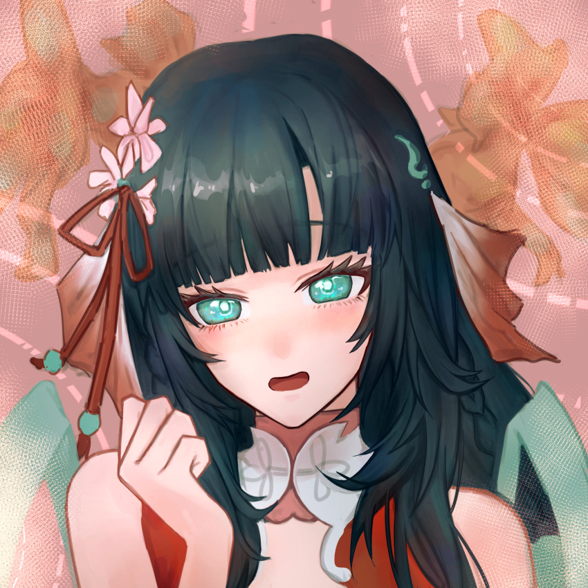 1girl, bare_shoulders, black_hair, blue_eyes, blush, dress, flower, hair_flower