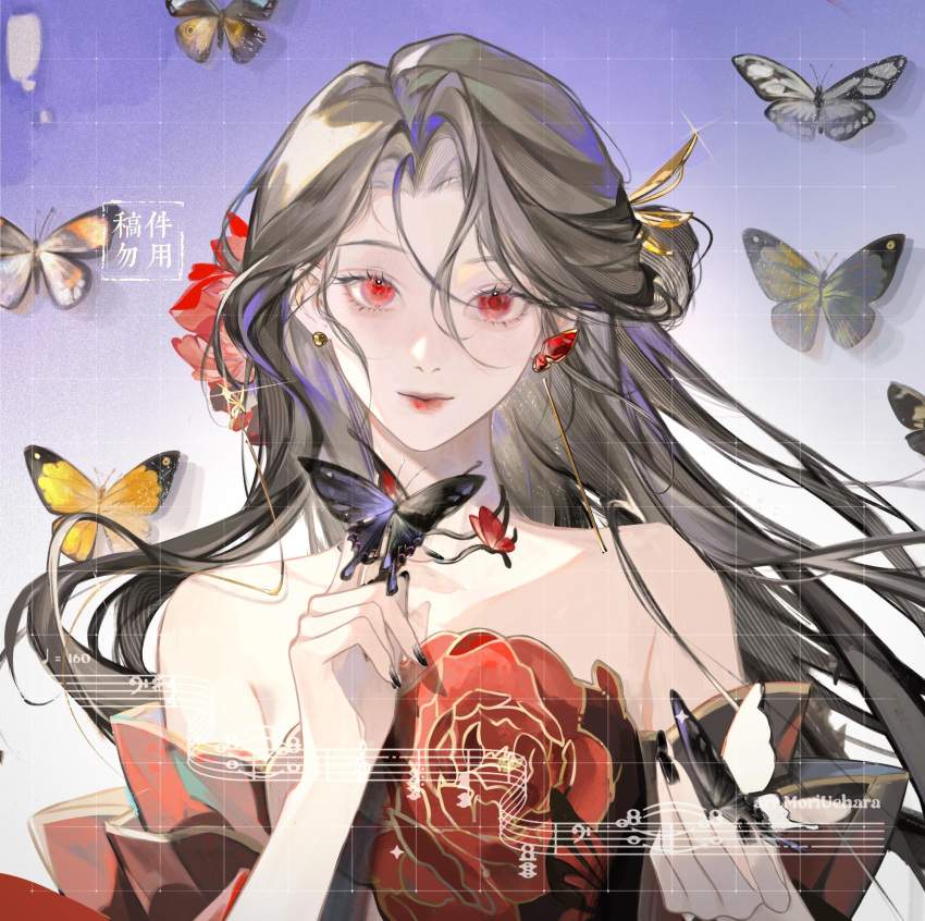 1girl, bare_shoulders, black_nails, brown_hair, bug, butterfly, butterfly_on_hand, closed_mouth