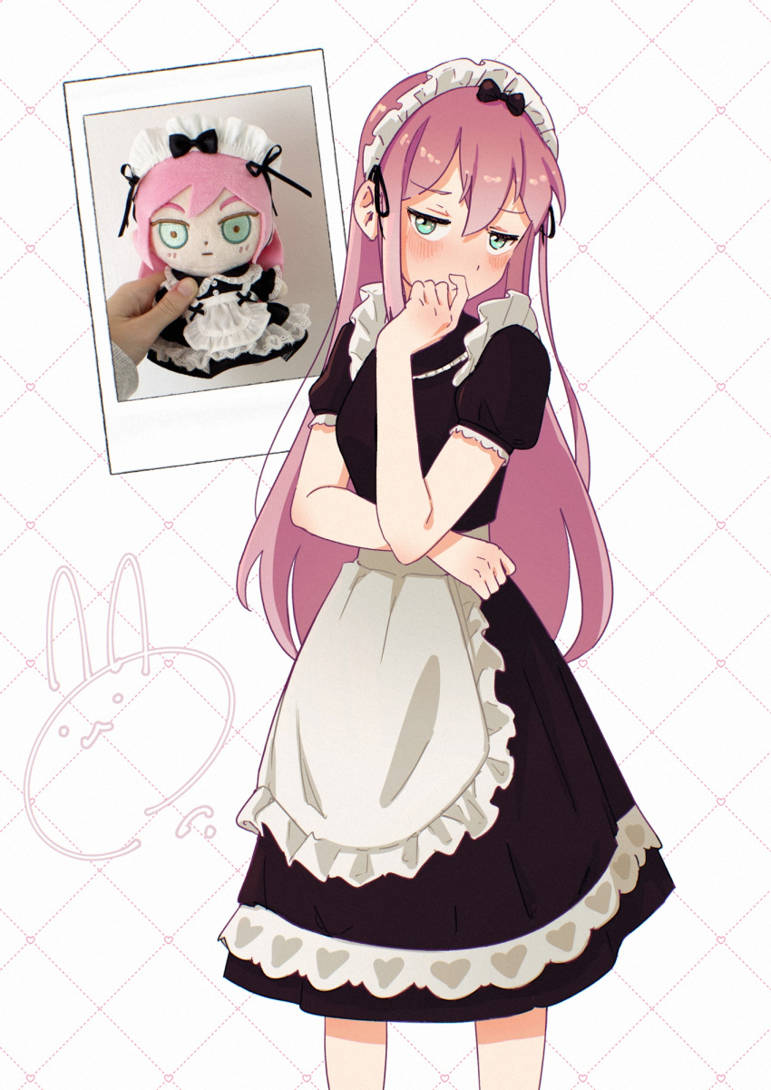1girl, alternate_costume, aubrey_(faraway)_(omori), aubrey_(omori), blue_eyes, blush, dendenmushi1064, enmaided