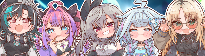 5girls, @_@, absurdres, ahoge, aqua_hair, beret, black_bow, black_choker