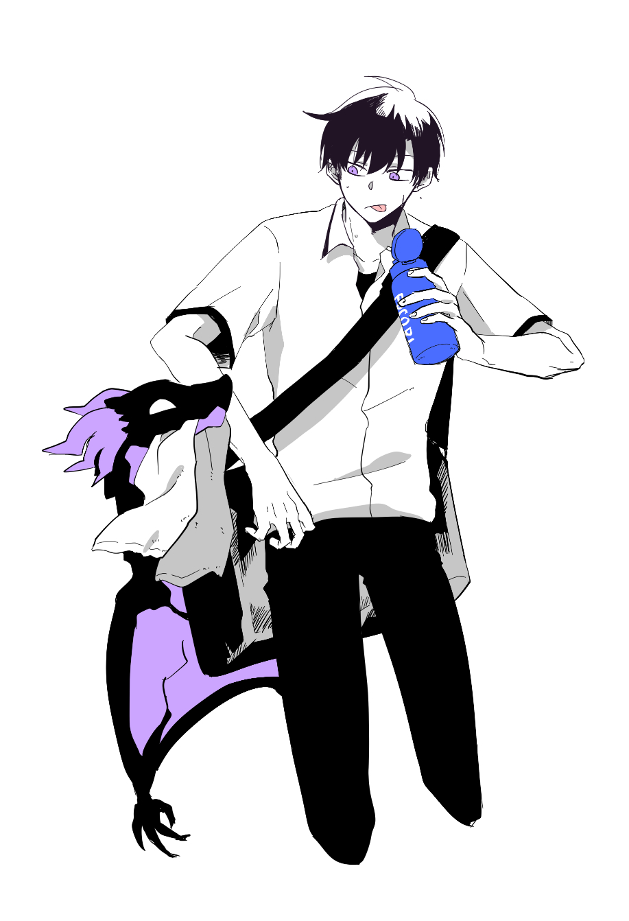 1boy, 8mo10, bag, black_hair, black_pants, black_shirt, bottle, collarbone