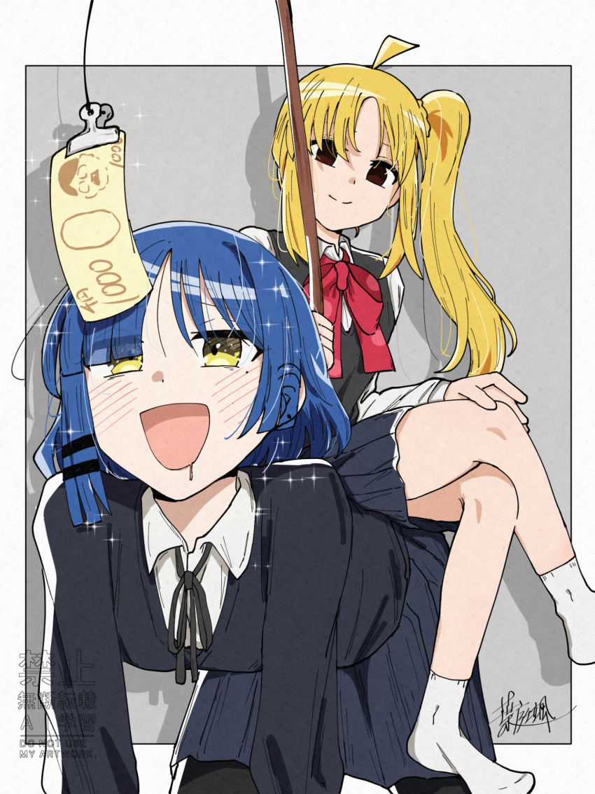 2girls, :d, ahoge, all_fours, ankle_socks, artist_name, banknote, bare_legs
