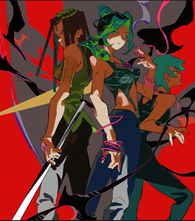 3girls, bun_with_braided_base, cheng10500, colored_eyelashes, double_bun, dreadlocks, ermes_costello, foo_fighters_(jojo), green_eyes, green_hair, hair_bun, jojo_no_kimyou_na_bouken, kujo_jolyne, long_hair, multicolored_hair, multiple_girls, red_background, short_hair, stone_ocean, string, thread, two-tone_hair