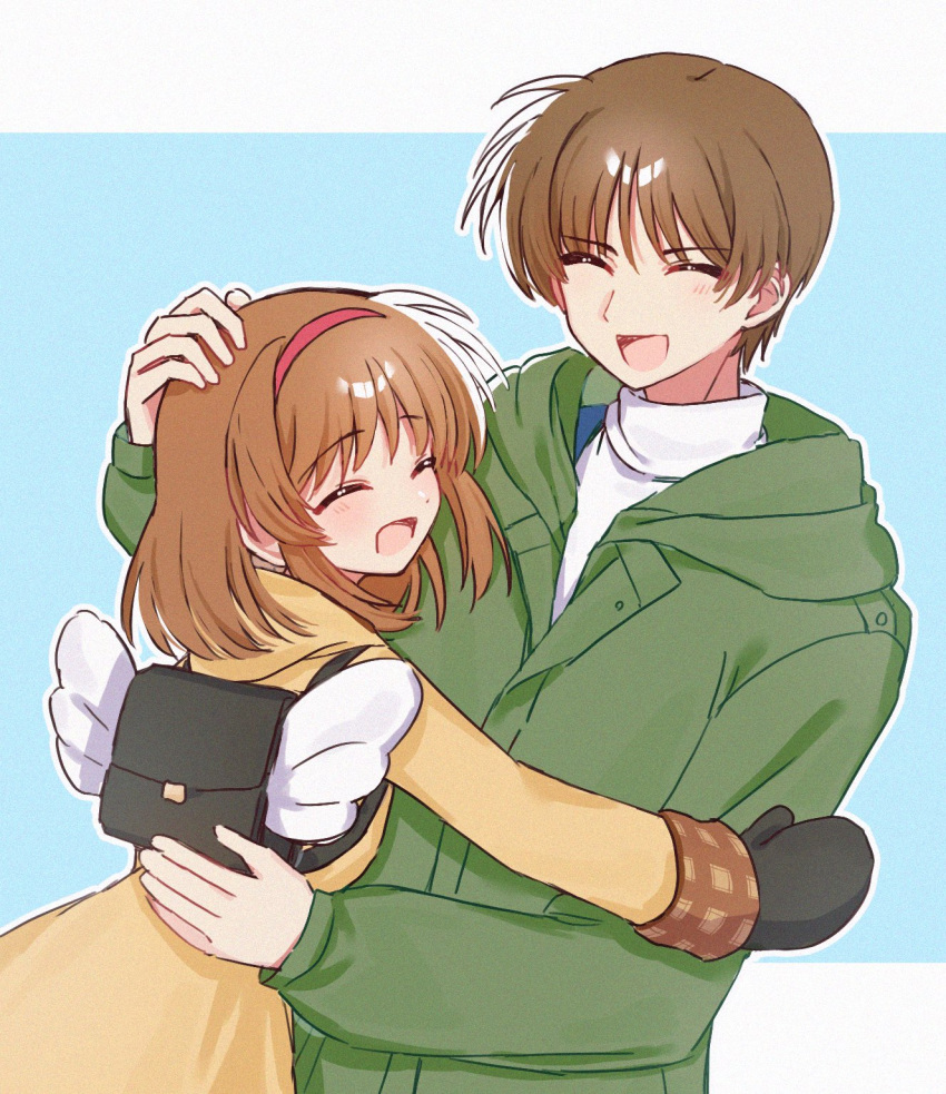 1boy, 1girl, aizawa_yuuichi, aqua_background, backpack, bag, black_mittens, brown_hair