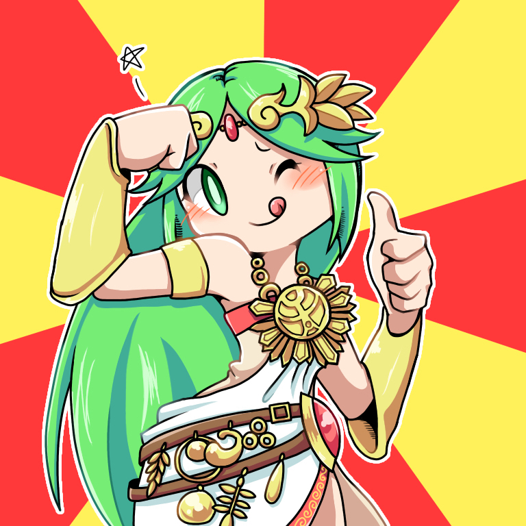 1girl, chain, circlet, gold_chain, green_eyes, green_hair, kid_icarus, kid_icarus_uprising, momoyuu1009, one_eye_closed, outline, palutena, smile, solo, star_(symbol), sunburst, sunburst_background, thumbs_up, tongue, tongue_out, white_outline