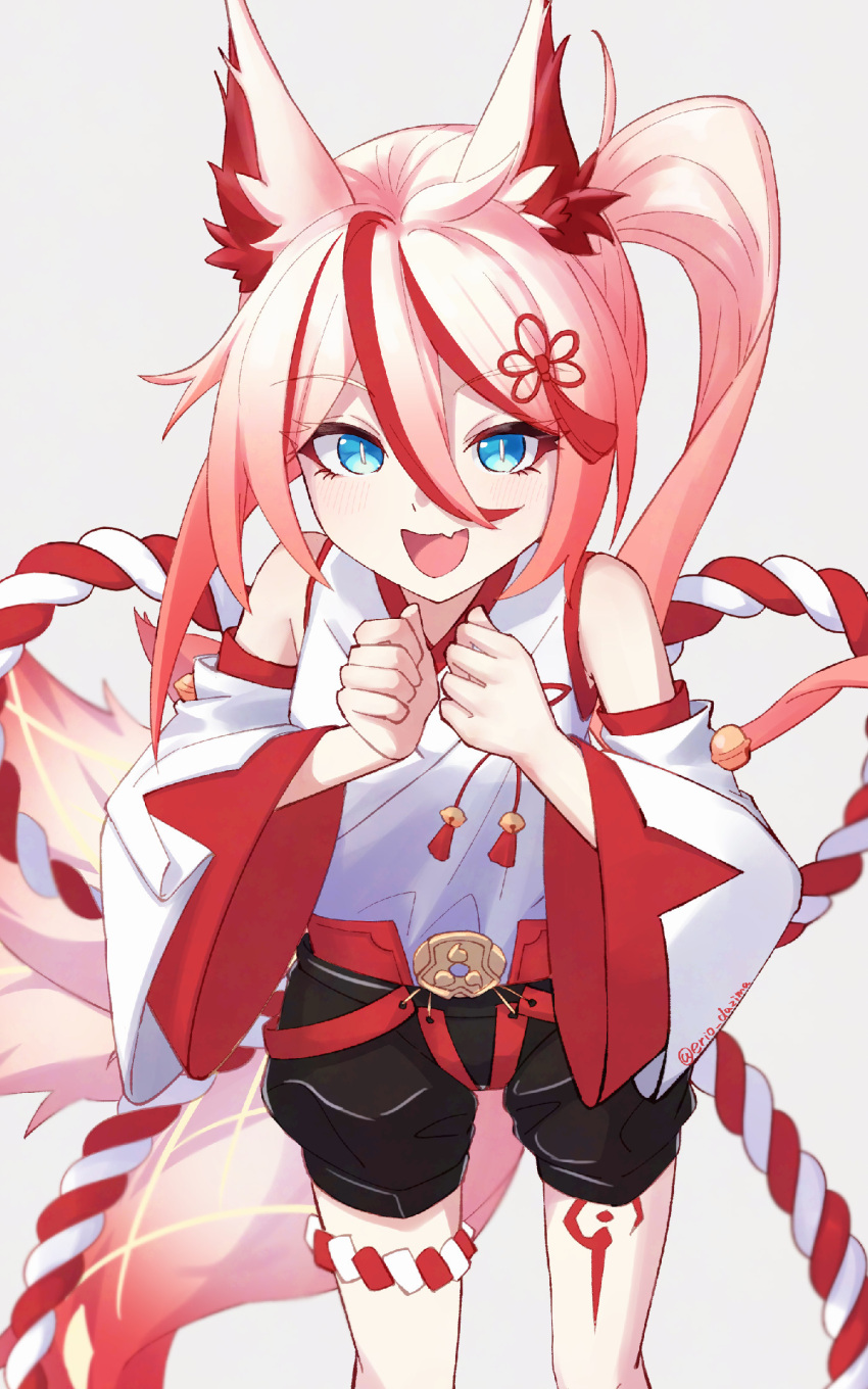 1girl, animal_ears, black_shorts, blue_eyes, commentary_request, detached_sleeves, erio_dazima, fang