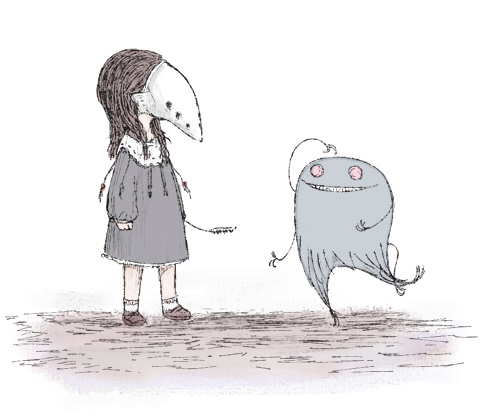 1girl, brown_hair, child, creature, dress, full_body, grey_dress, holding, keida_riiko, long_hair, looking_at_another, lowres, mask, original, standing, white_background