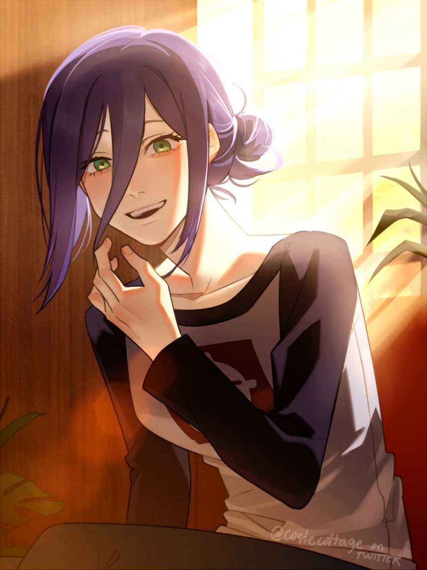 1girl, black_hair, black_pants, black_sleeves, blush, chainsaw_man, collarbone, commentary