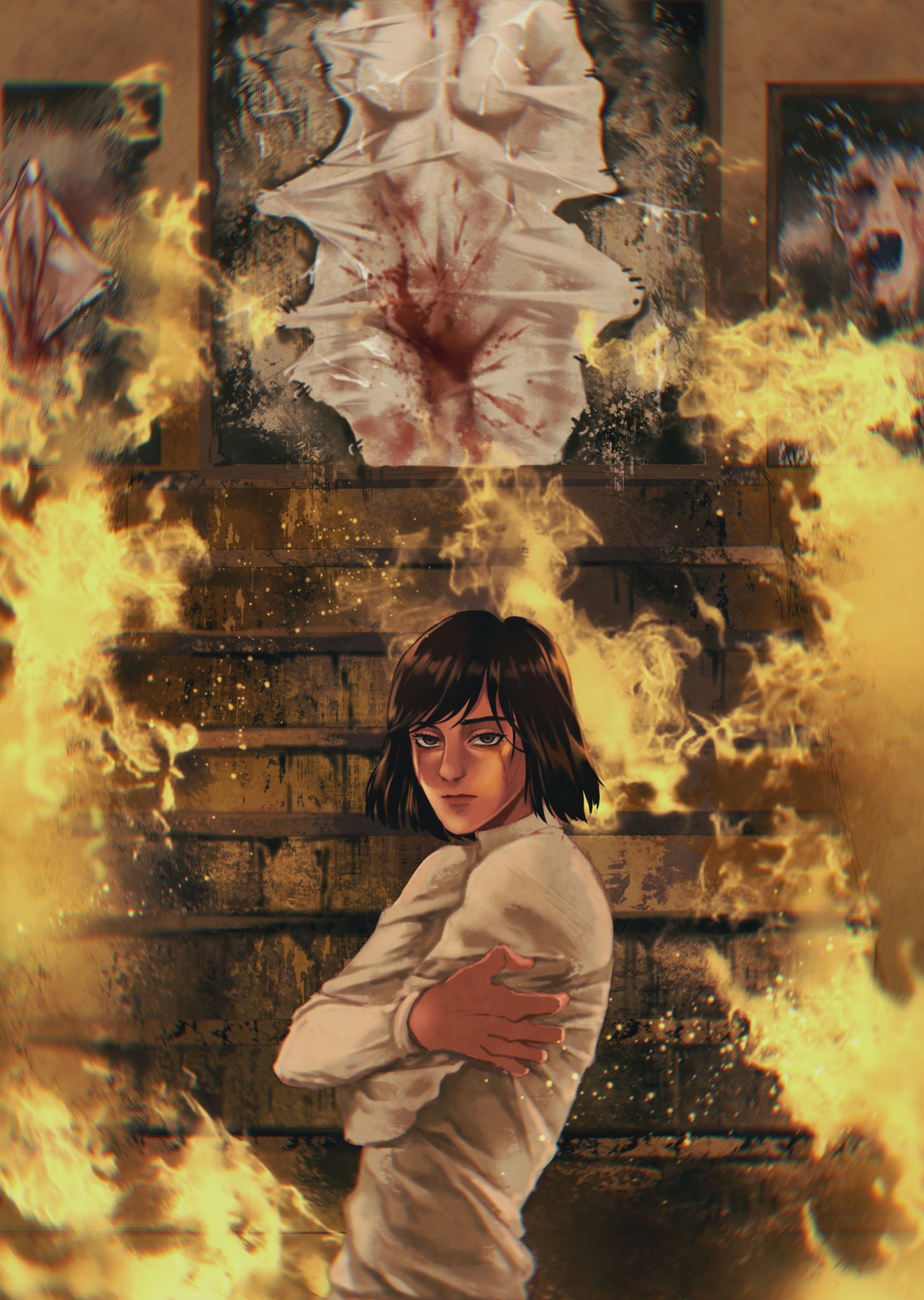 1girl, angela_orosco, blood, brown_hair, character_request, check_character, crossed_arms, english_commentary, fire, grey_eyes, highres, looking_at_viewer, painting_(object), picture_frame, shirt, short_hair, silent_hill_(series), silent_hill_2, solo, stairs, swept_bangs, white_shirt, yujia0412
