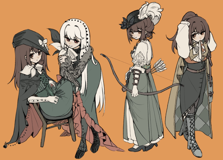 4girls, arrow_(projectile), bag, belt, black_cape, black_footwear, black_hair, black_pantyhose
