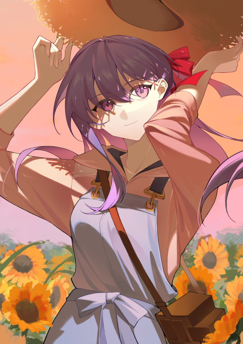 1girl, amiably_02, arms_up, closed_mouth, fate/grand_order, fate_(series), field, flower, flower_field, hair_ribbon, hat, highres, long_hair, matou_sakura, purple_hair, red_ribbon, ribbon, smile, solo, straw_hat, sunflower, suspenders, violet_eyes