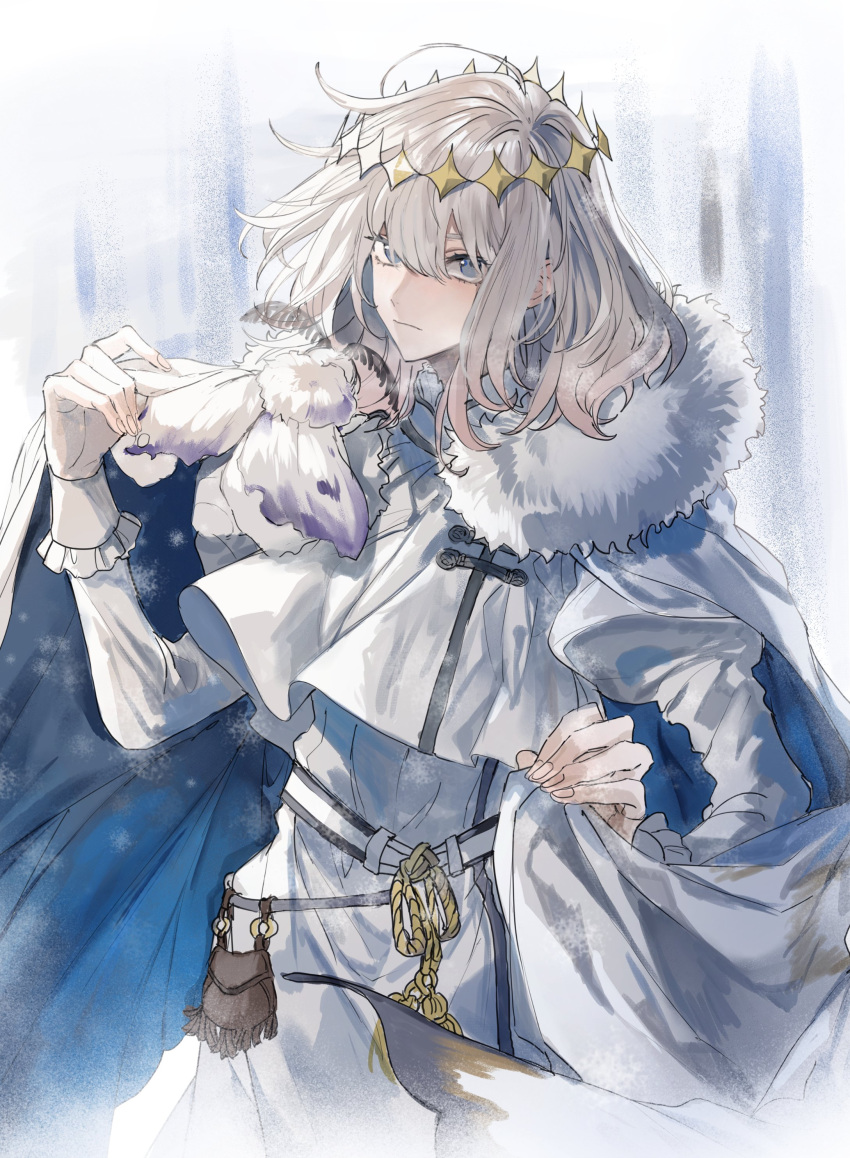 1boy, absurdres, belt_pouch, blanca_(fate), blue_eyes, bug, cape, clothes_lift