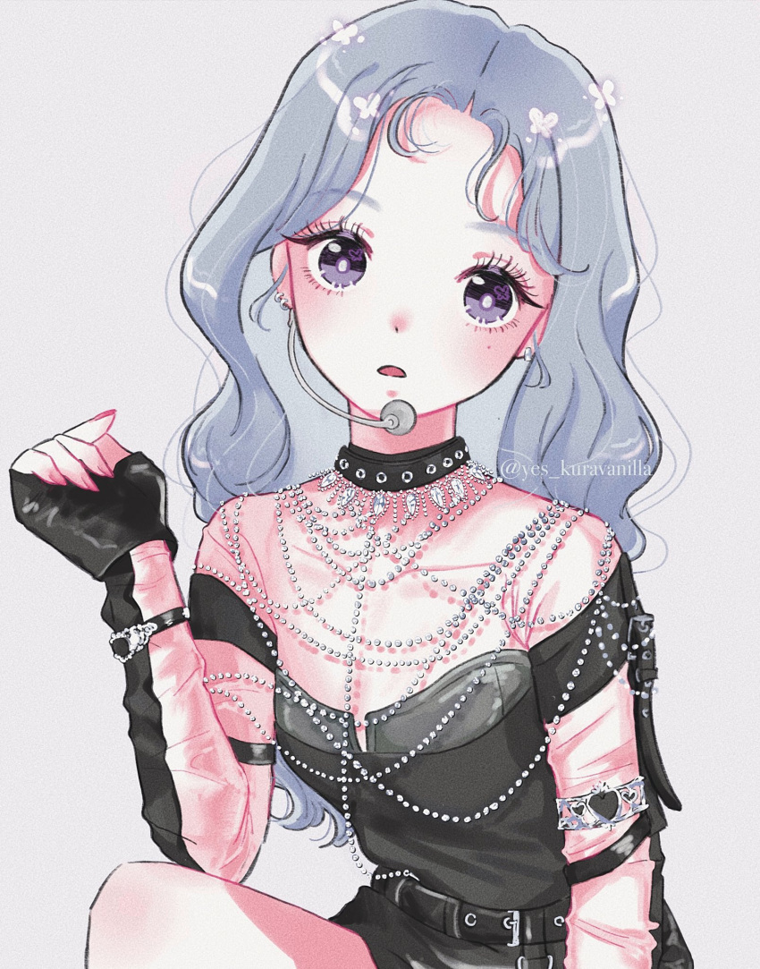 1girl, black_gloves, black_shirt, black_skirt, choker, eyeliner, fingerless_gloves, gloves