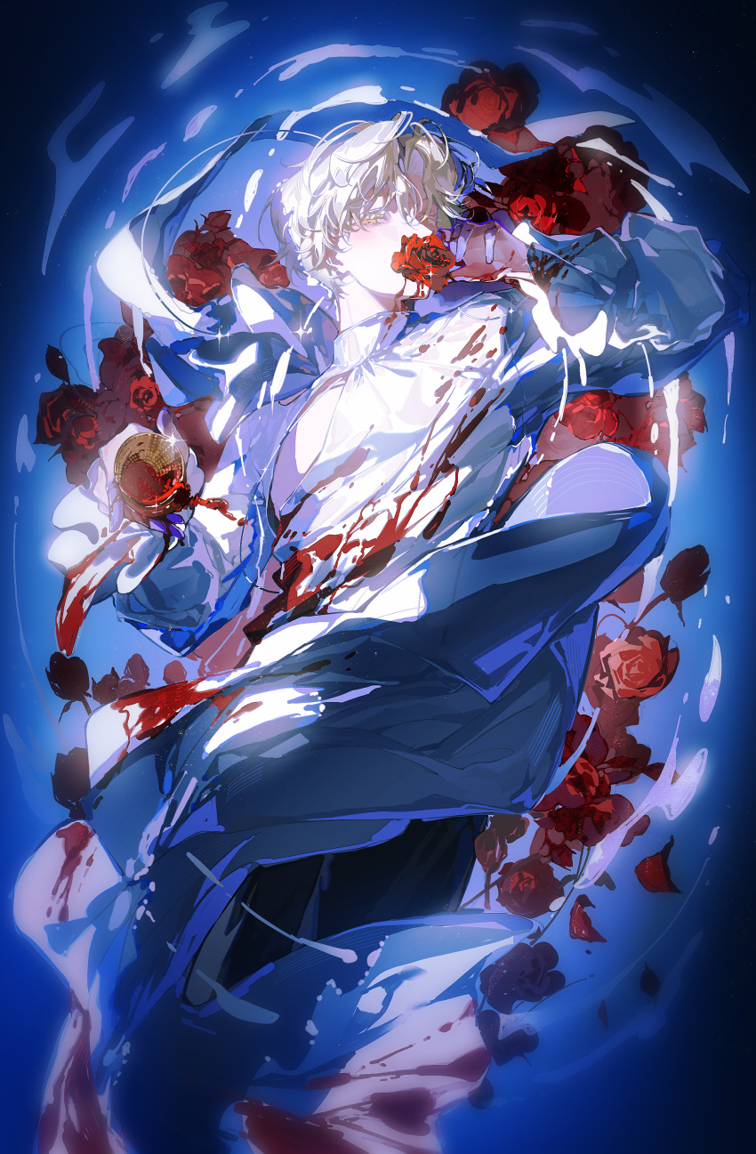 1boy, absurdres, alcohol, alien_stage, ambiguous_red_liquid, blonde_hair, chinese_commentary, clothing_cutout