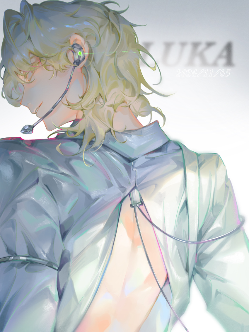 1boy, absurdres, alien_stage, back_cutout, blonde_hair, character_name, clothing_cutout, collared_shirt, colored_eyelashes, commentary, from_behind, headset, highres, long_sleeves, looking_at_viewer, looking_back, luka_(alien_stage), male_focus, microphone, shirt, short_hair, upper_body, white_background, white_shirt, yellow_eyes, you_yeyou0904